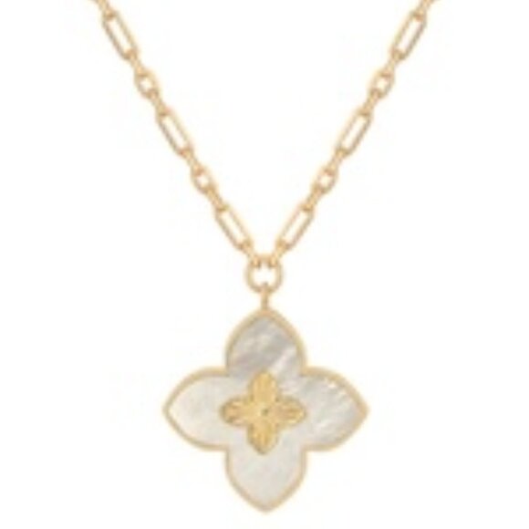 Gabi Rielle 14K Gold Over Silver Mother-of-Pearl Clover Necklace 17" Adjustable - Picture 1 of 2